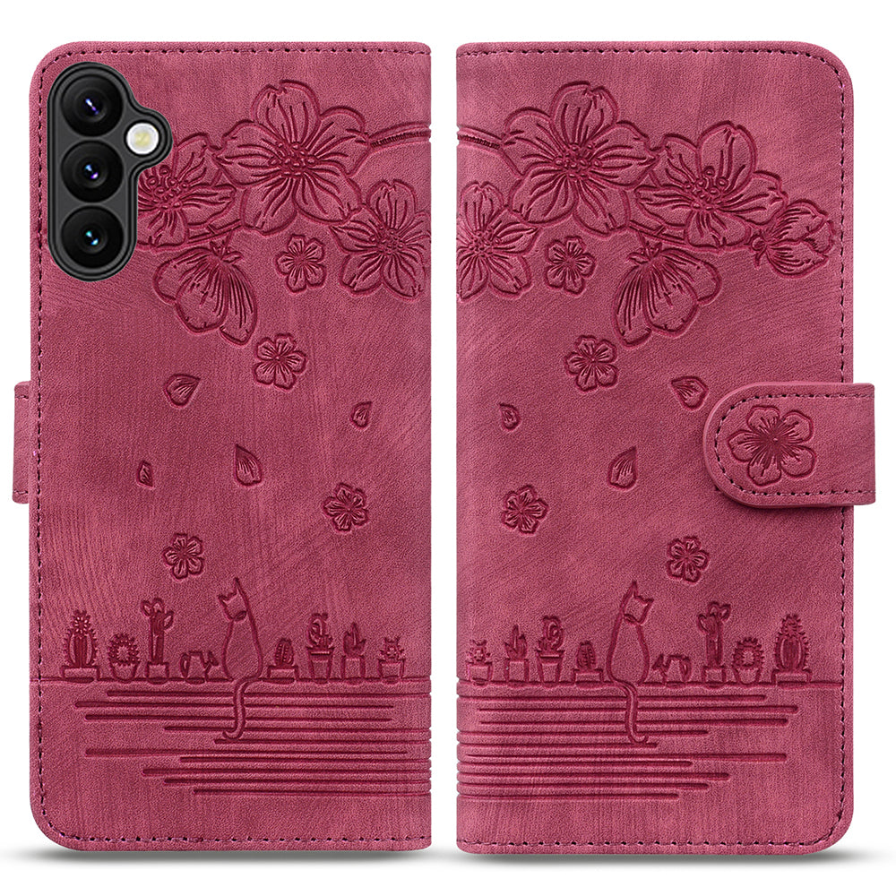 For Samsung Galaxy A16 5G / A16 4G Case Flip Stand Leather Phone Cover Cherry Blossom Cat Imprinted - Wine Red