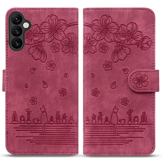 For Samsung Galaxy A16 5G / A16 4G Case Flip Stand Leather Phone Cover Cherry Blossom Cat Imprinted - Wine Red