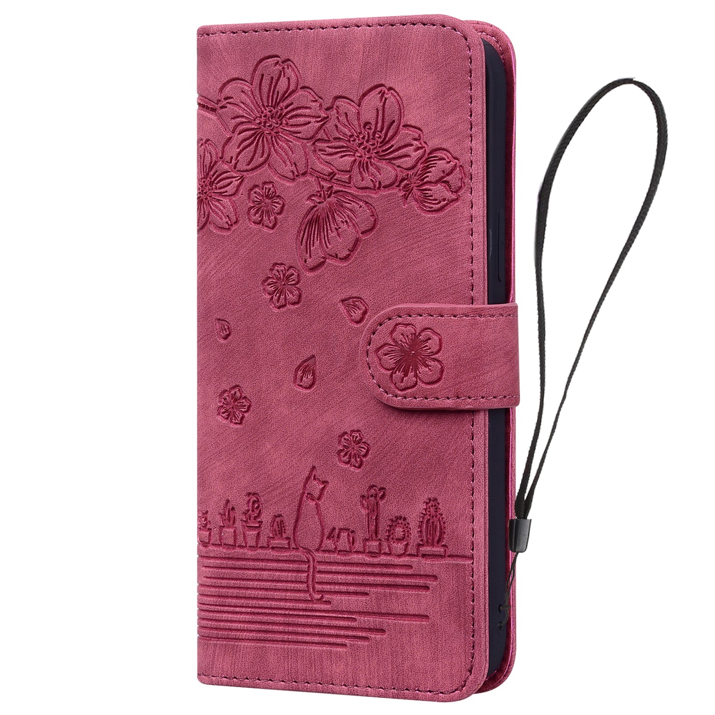 For Samsung Galaxy A16 5G / A16 4G Case Flip Stand Leather Phone Cover Cherry Blossom Cat Imprinted - Wine Red