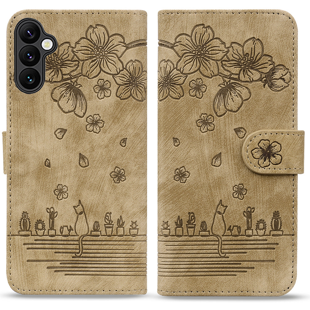 For Samsung Galaxy A16 5G / A16 4G Case Flip Stand Leather Phone Cover Cherry Blossom Cat Imprinted - Brown
