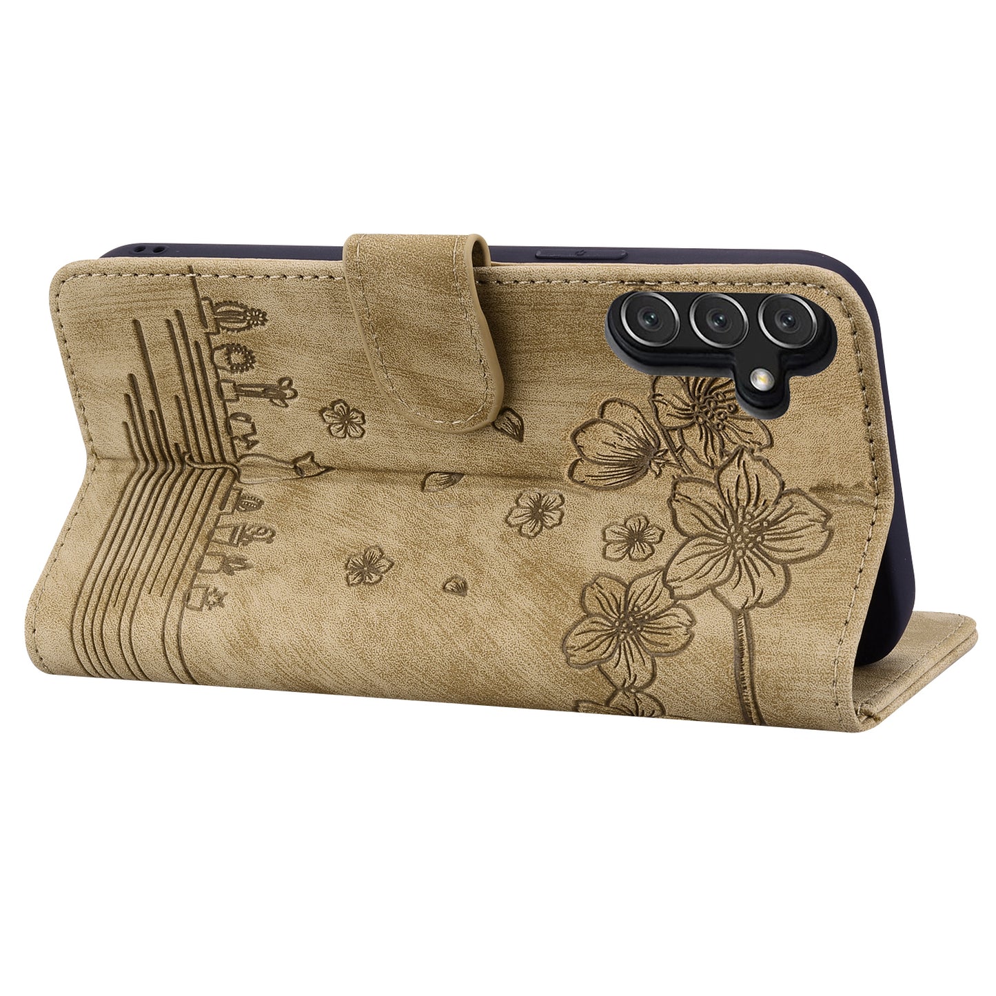 For Samsung Galaxy A16 5G / A16 4G Case Flip Stand Leather Phone Cover Cherry Blossom Cat Imprinted - Brown