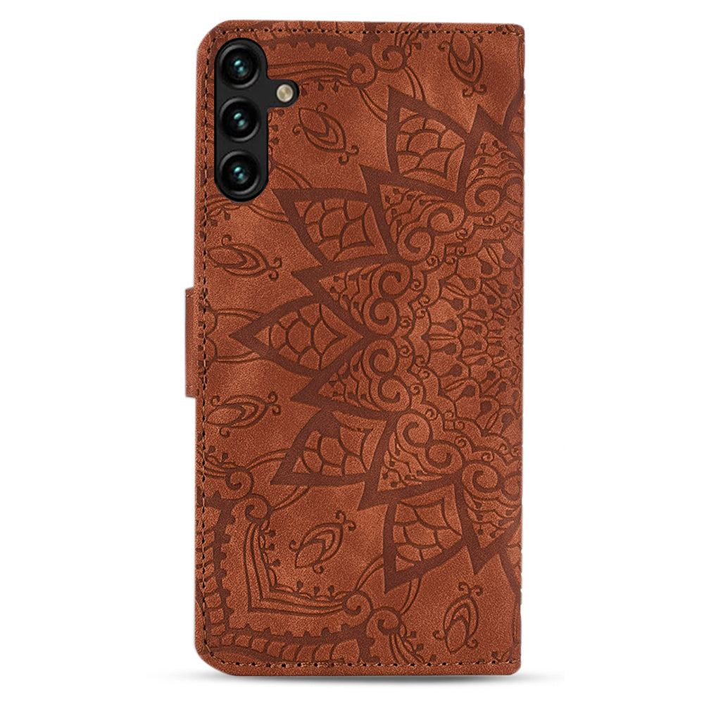 For Samsung Galaxy A16 5G / A16 4G Case PU Leather Wallet Flip Phone Cover Flower Imprinted - Brown