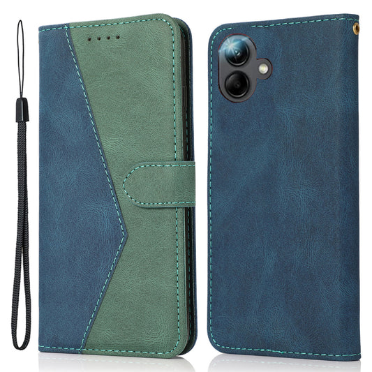 For Samsung Galaxy A06 Cover Color Splicing Wallet Stand Leather Phone Case with Wrist Strap - Blue+Green