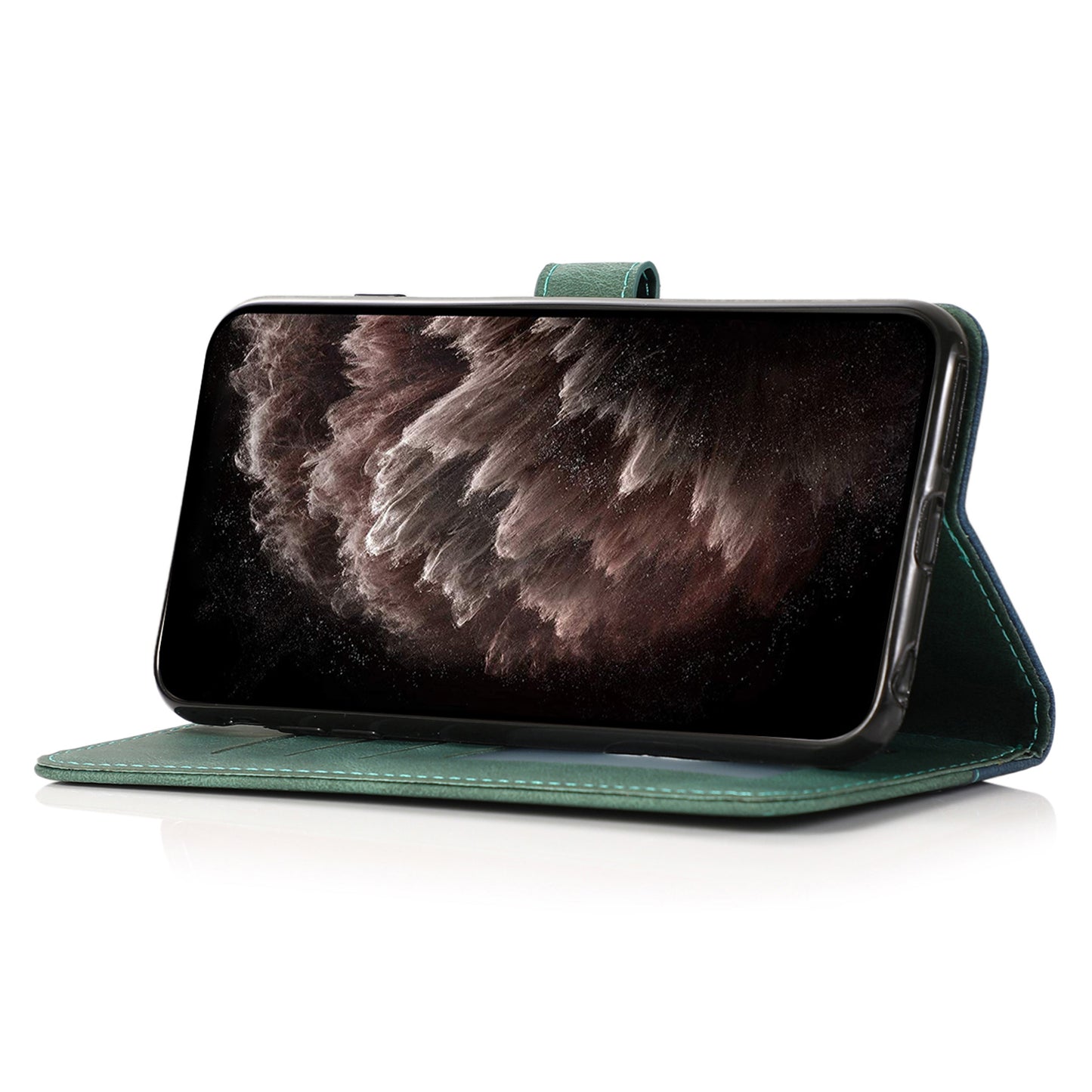 For Samsung Galaxy A06 Cover Color Splicing Wallet Stand Leather Phone Case with Wrist Strap - Blue+Green