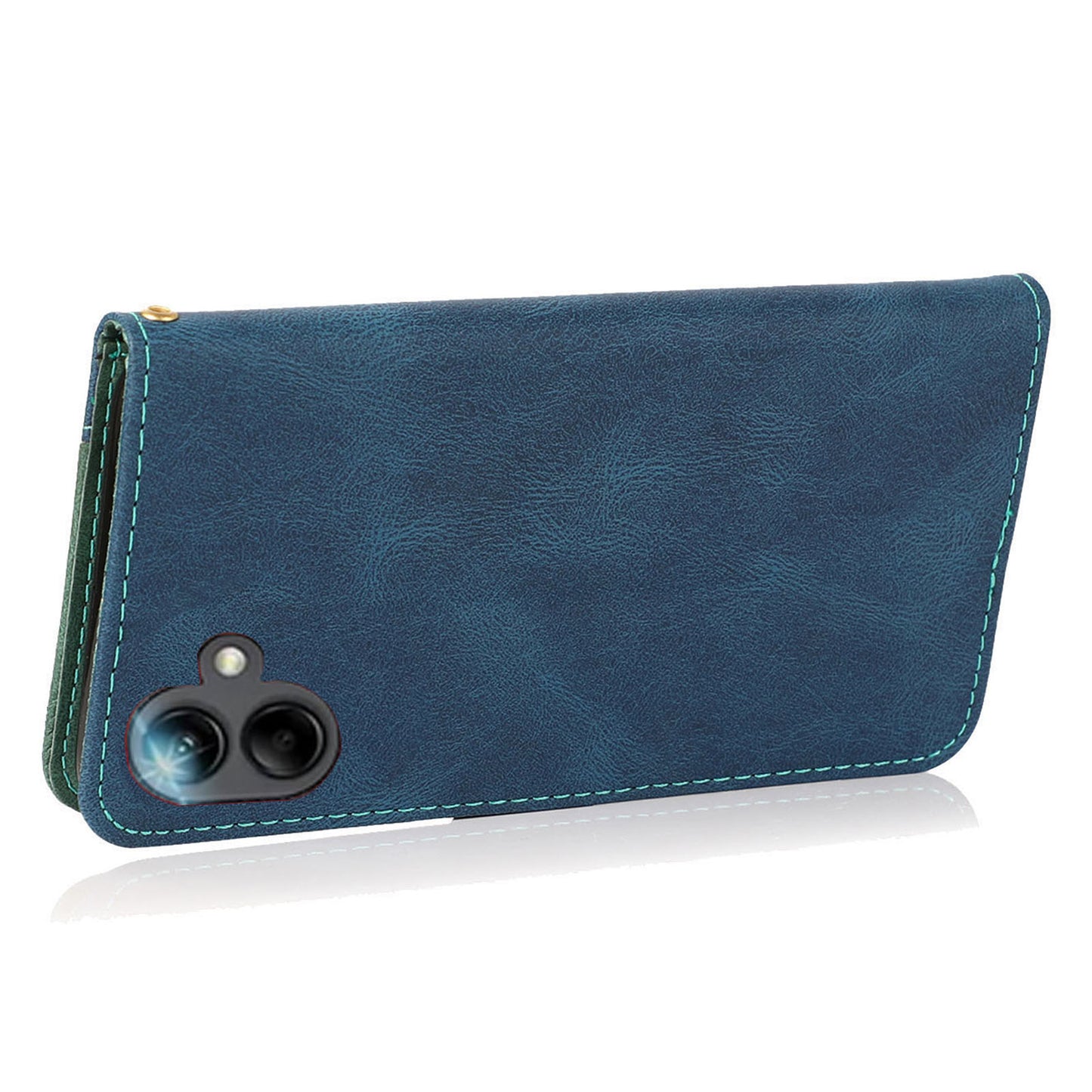 For Samsung Galaxy A06 Cover Color Splicing Wallet Stand Leather Phone Case with Wrist Strap - Blue+Green