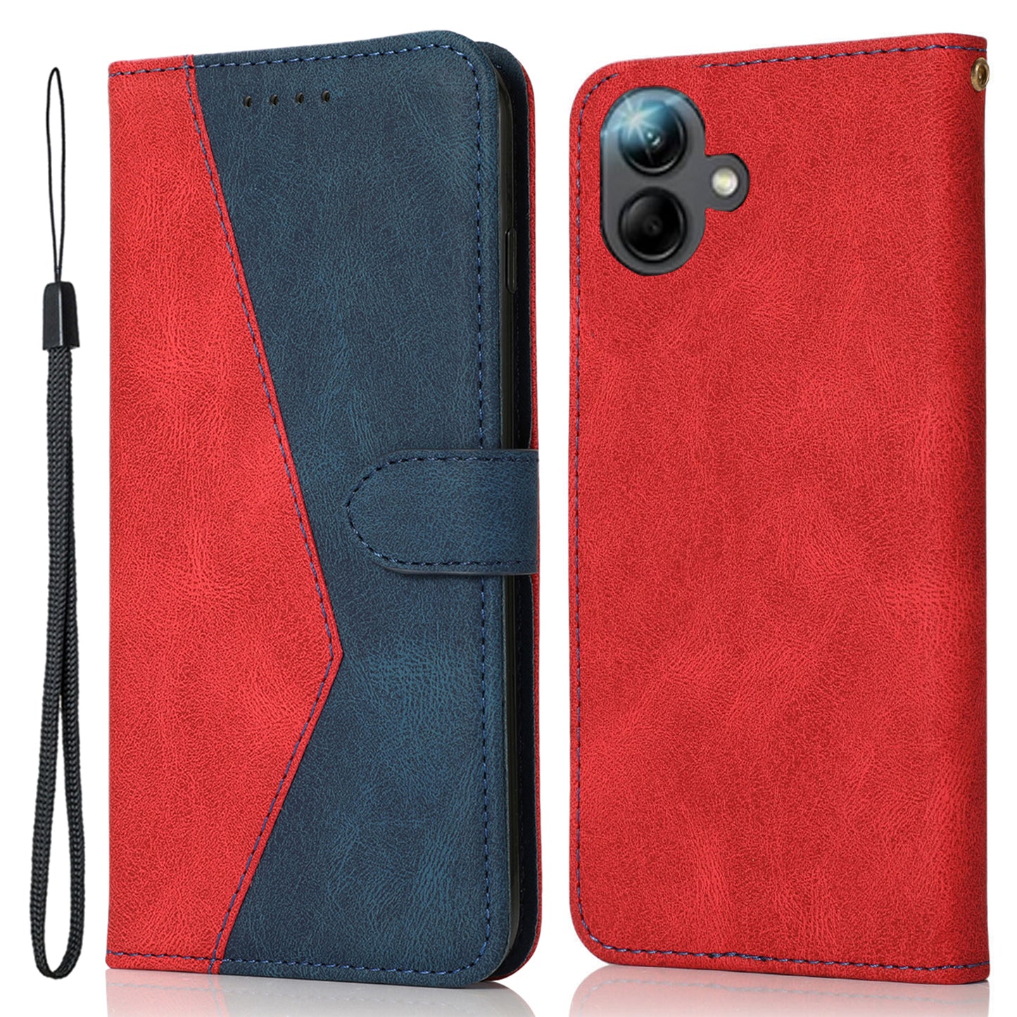 For Samsung Galaxy A06 Cover Color Splicing Wallet Stand Leather Phone Case with Wrist Strap - Red+Blue