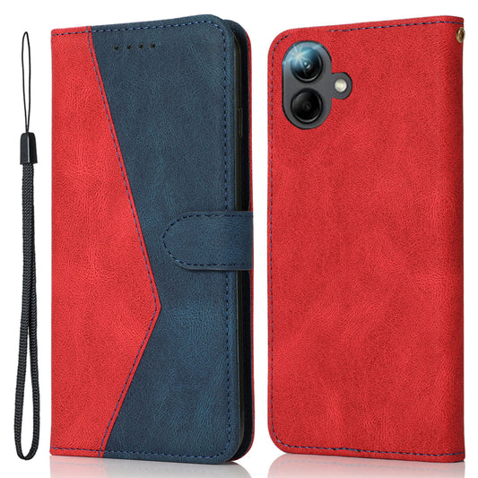 For Samsung Galaxy A06 Cover Color Splicing Wallet Stand Leather Phone Case with Wrist Strap - Red+Blue