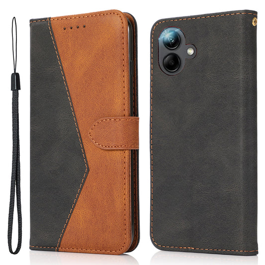 For Samsung Galaxy A06 Cover Color Splicing Wallet Stand Leather Phone Case with Wrist Strap - Black+Brown