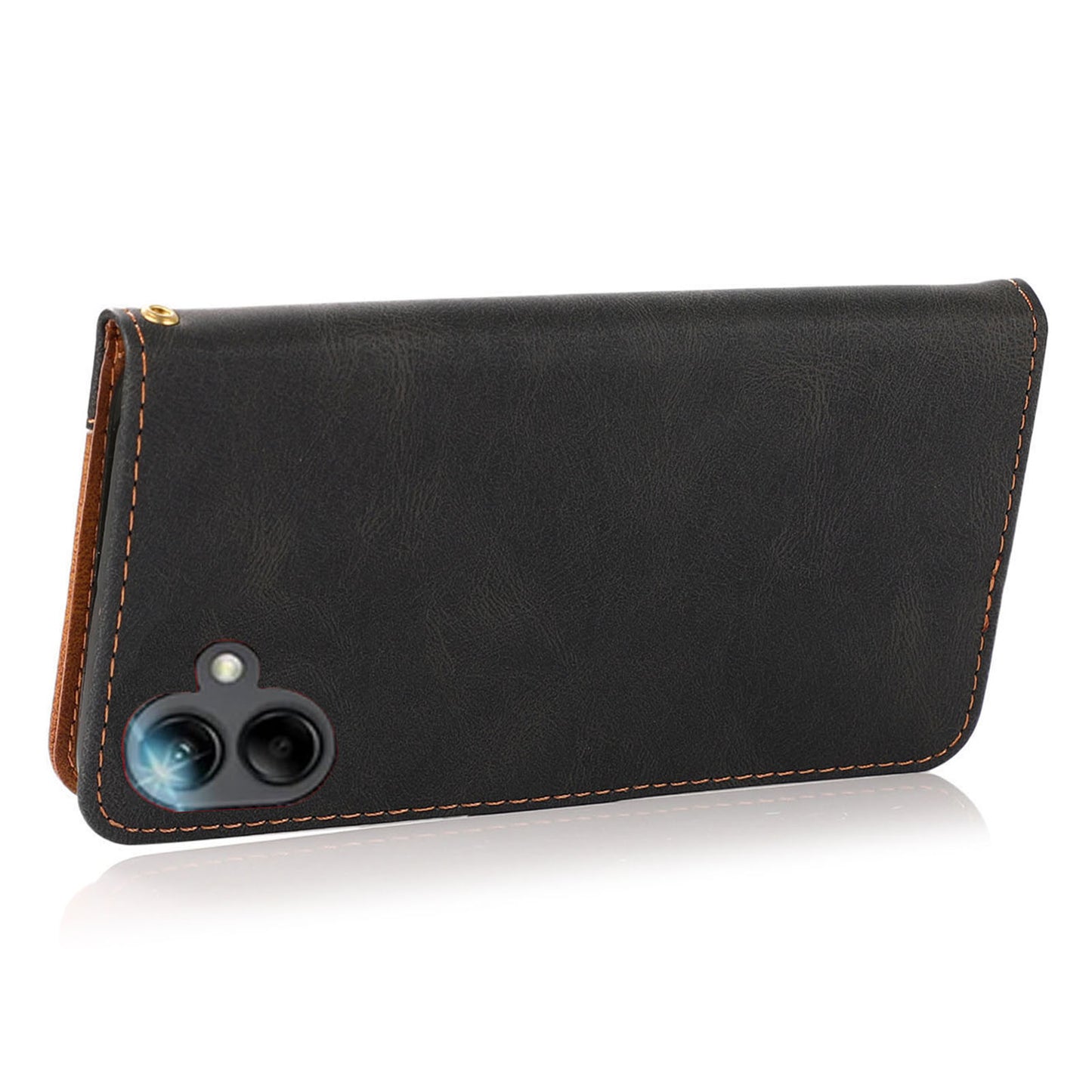 For Samsung Galaxy A06 Cover Color Splicing Wallet Stand Leather Phone Case with Wrist Strap - Black+Brown