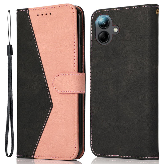 For Samsung Galaxy A06 Cover Color Splicing Wallet Stand Leather Phone Case with Wrist Strap - Black+Rose Gold