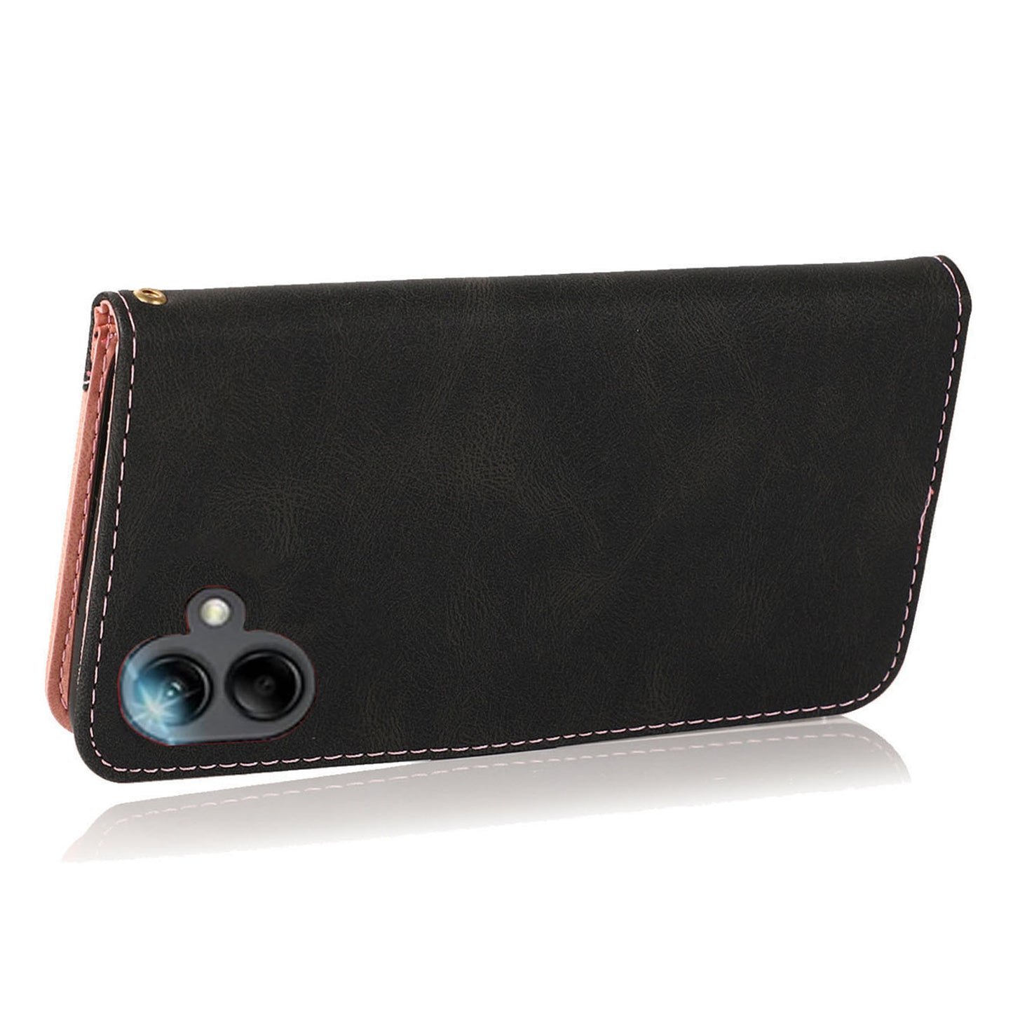 For Samsung Galaxy A06 Cover Color Splicing Wallet Stand Leather Phone Case with Wrist Strap - Black+Rose Gold