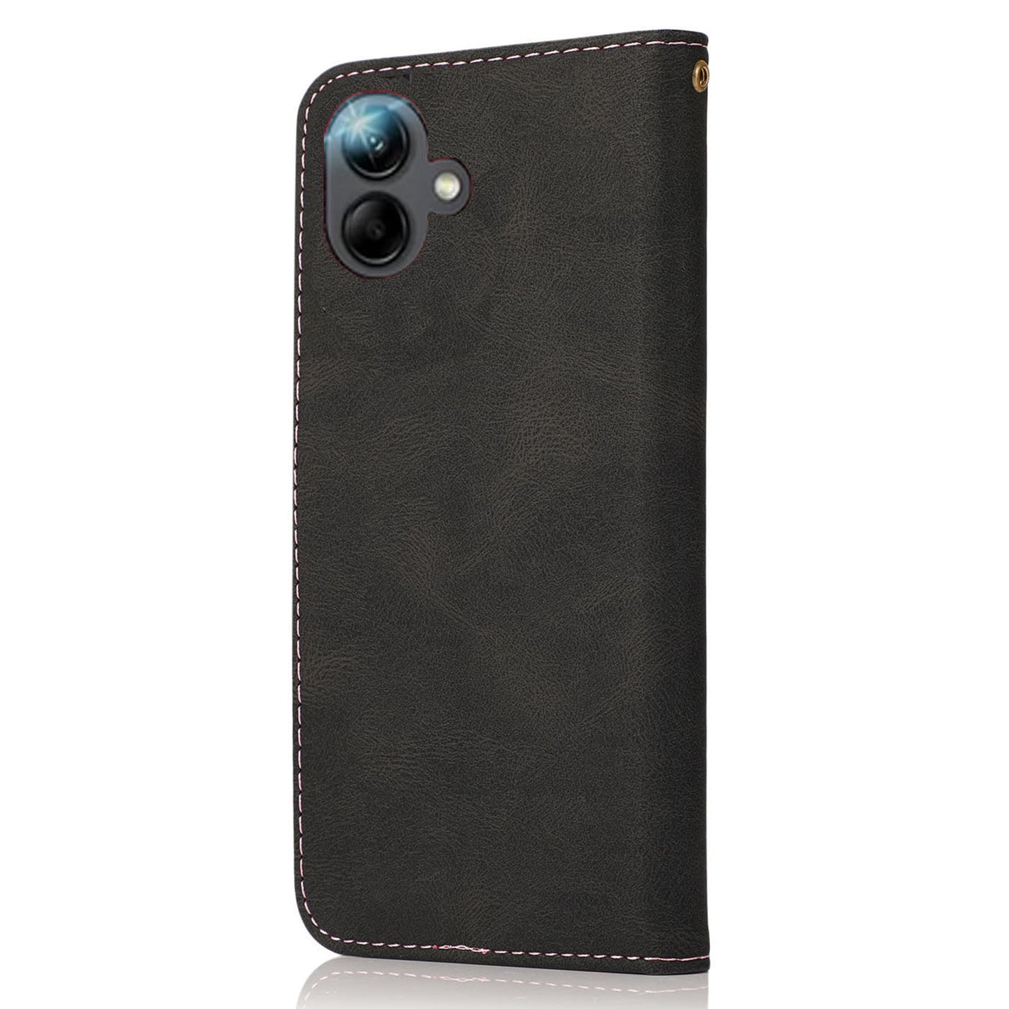 For Samsung Galaxy A06 Cover Color Splicing Wallet Stand Leather Phone Case with Wrist Strap - Black+Rose Gold