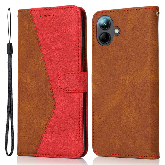 For Samsung Galaxy A06 Cover Color Splicing Wallet Stand Leather Phone Case with Wrist Strap - Brown+Red