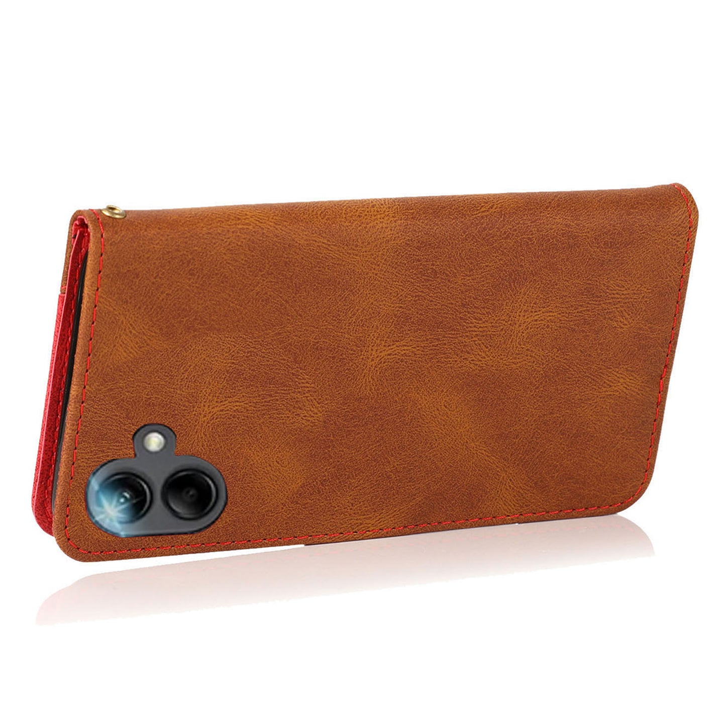 For Samsung Galaxy A06 Cover Color Splicing Wallet Stand Leather Phone Case with Wrist Strap - Brown+Red