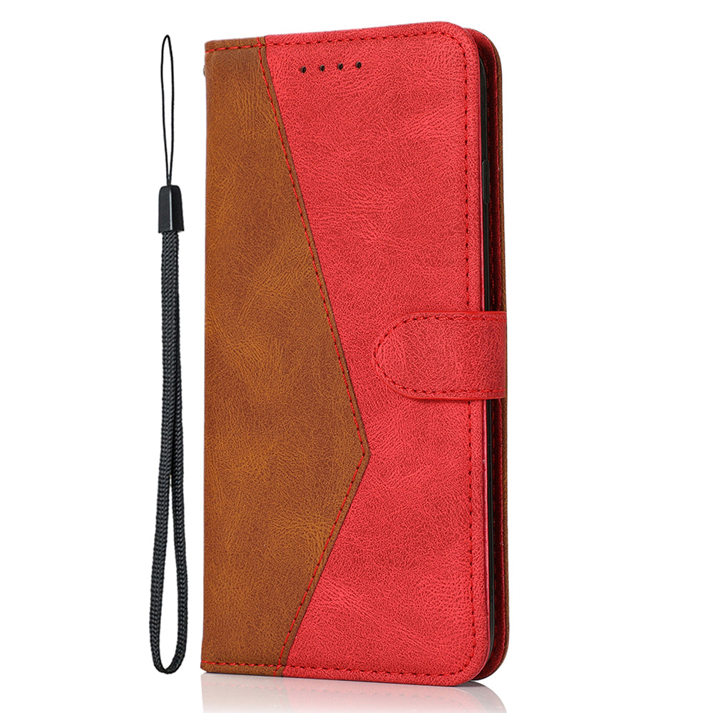 For Samsung Galaxy A06 Cover Color Splicing Wallet Stand Leather Phone Case with Wrist Strap - Brown+Red