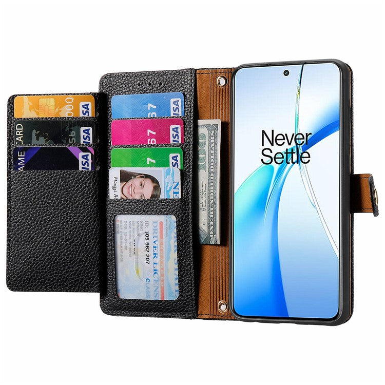 For OnePlus Nord CE4 5G Case RFID Blocking Zipper Pocket Leather Wallet Phone Cover - Black