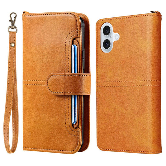 KT Leather Series-4 For iPhone 16 Plus Case 2 in 1 Detachable Wallet Leather Phone Cover - Brown