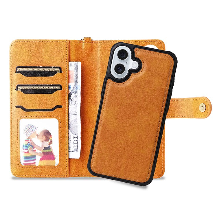 KT Leather Series-4 For iPhone 16 Plus Case 2 in 1 Detachable Wallet Leather Phone Cover - Brown