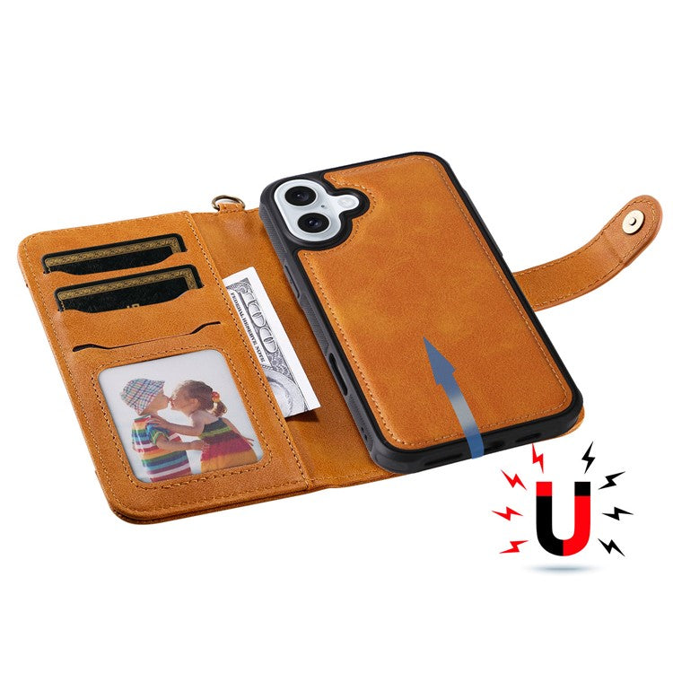 KT Leather Series-4 For iPhone 16 Plus Case 2 in 1 Detachable Wallet Leather Phone Cover - Brown
