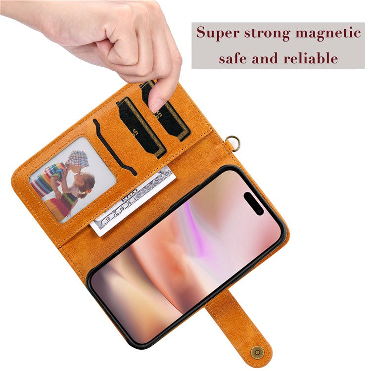 KT Leather Series-4 For iPhone 16 Plus Case 2 in 1 Detachable Wallet Leather Phone Cover - Brown