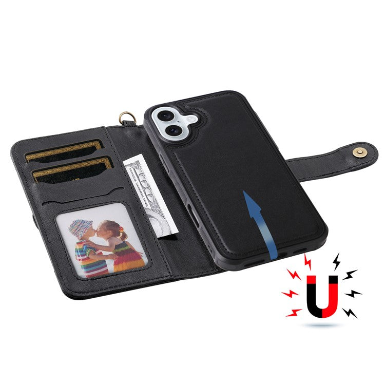 KT Leather Series-4 For iPhone 16 Plus Case 2 in 1 Detachable Wallet Leather Phone Cover - Black