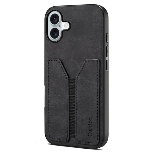 DENIOR For iPhone 16 Plus Case Elastic Card Holder PU Leather+TPU+PC Phone Cover - Black