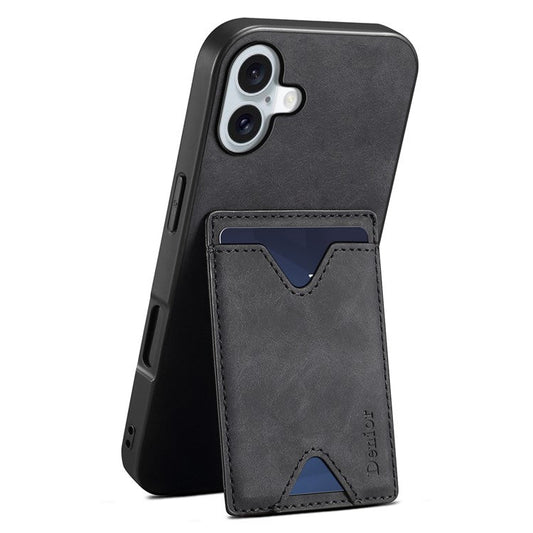 DENIOR For iPhone 16 Plus Case Leather+TPU Card Slot Kickstand Phone Cover - Black