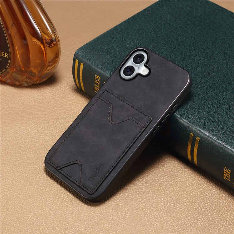 DENIOR For iPhone 16 Plus Case Leather+TPU Card Slot Kickstand Phone Cover - Black