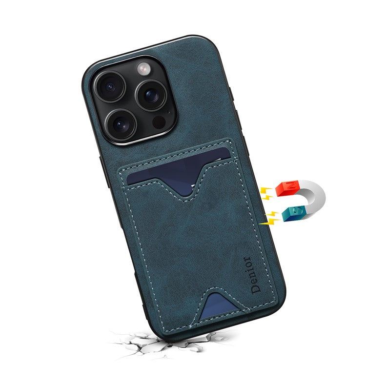 DENIOR For iPhone 16 Pro Case Leather+TPU Card Slot Kickstand Phone Cover - Blue