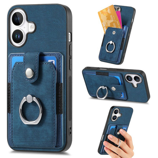 D2 for iPhone 16 Plus Case Kickstand Leather+TPU Non-Slip Protective Cover Card Slots - Blue