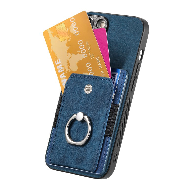 D2 for iPhone 16 Plus Case Kickstand Leather+TPU Non-Slip Protective Cover Card Slots - Blue