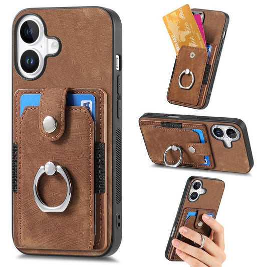 D2 for iPhone 16 Plus Case Kickstand Leather+TPU Non-Slip Protective Cover Card Slots - Brown