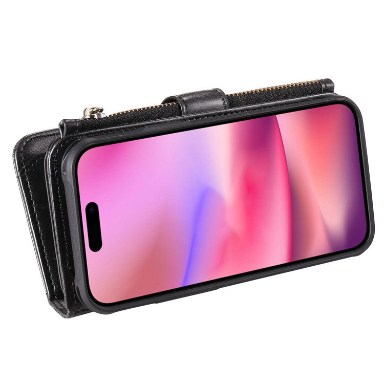 KT Multi-Functional Series-3 For iPhone 16 Phone Case PU Leather Zipper Wallet Detachable Cover - Black