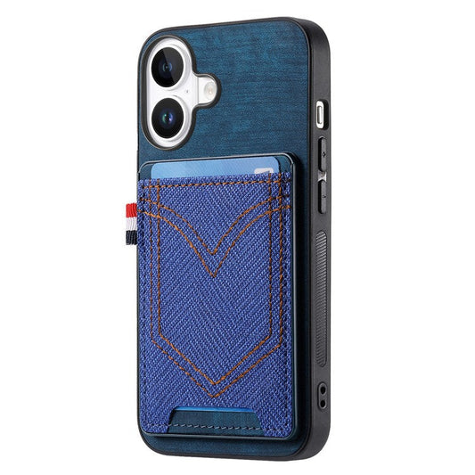 For iPhone 16 Plus Phone Case Retro Jean Cloth Texture Leather TPU Card Holder - Blue