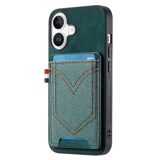For iPhone 16 Plus Phone Case Retro Jean Cloth Texture Leather TPU Card Holder - Green