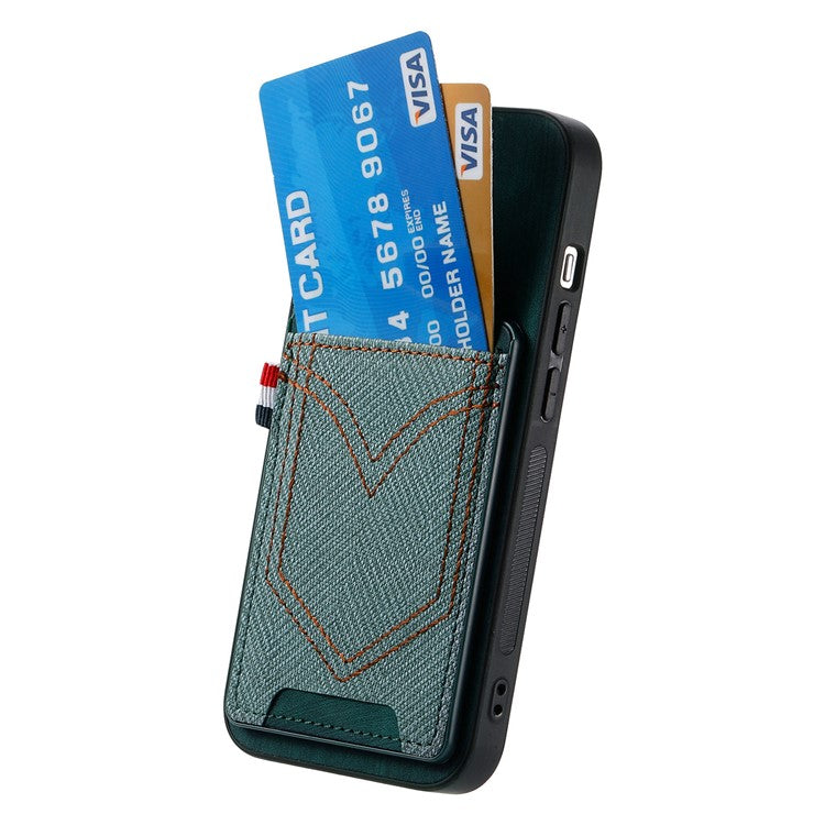 For iPhone 16 Plus Phone Case Retro Jean Cloth Texture Leather TPU Card Holder - Green
