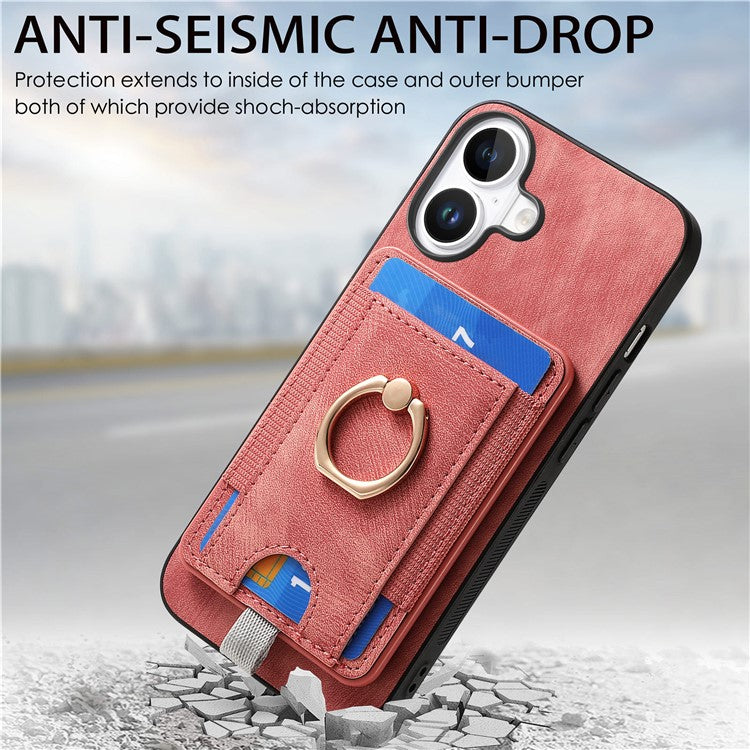 D7 For iPhone 16 Magnetic Case Card Holder Ring Kickstand PU Leather Phone Back Cover - Pink