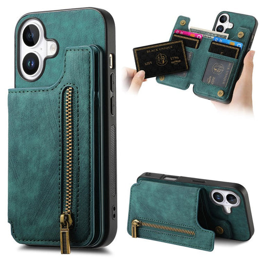For iPhone 16 Pro Case with Card Holder Retro Leather+TPU Zipper Phone Cover - Green