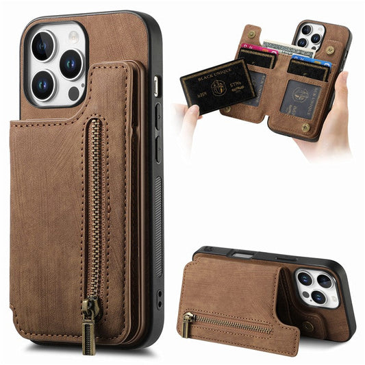 For iPhone 16 Pro Case with Zipper Card Holder Leather+TPU Phone Cover - Brown