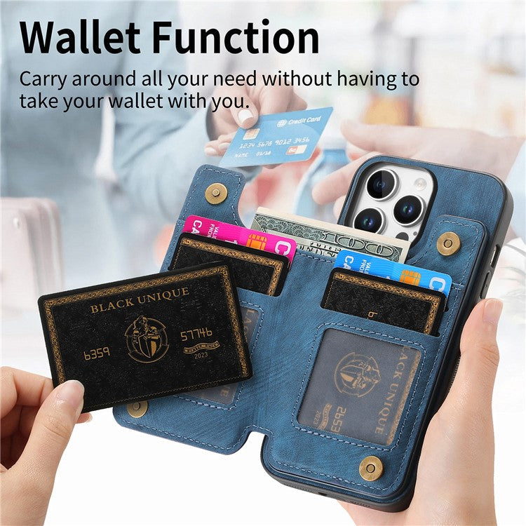 For iPhone 16 Pro Case with Zipper Card Holder Leather+TPU Phone Cover - Blue