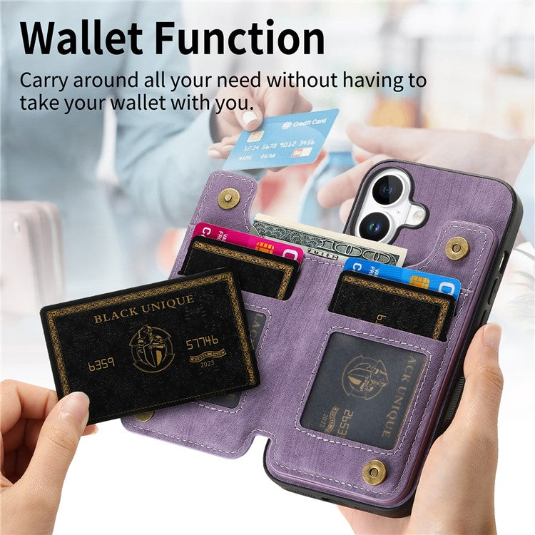 For iPhone 16 Case with Zipper Card Holder Leather+TPU Phone Cover - Purple