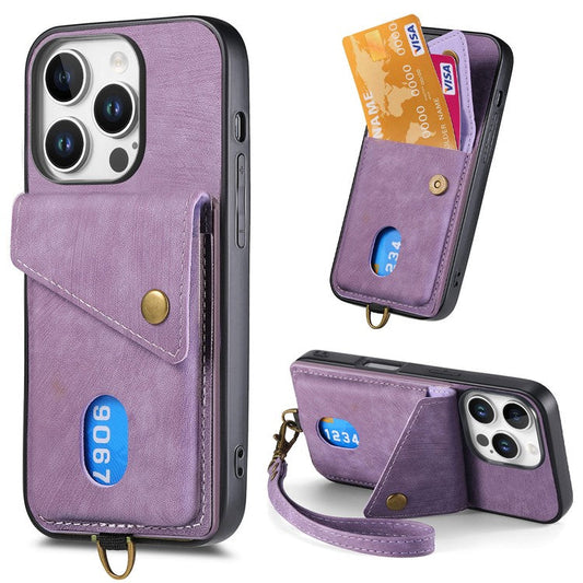 For iPhone 16 Pro Case with Card Slot Kickstand Leather TPU Phone Cover - Purple