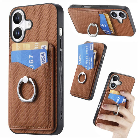 For iPhone 16 Plus Case Card Slots Ring Holder Kickstand Phone Cover - Brown
