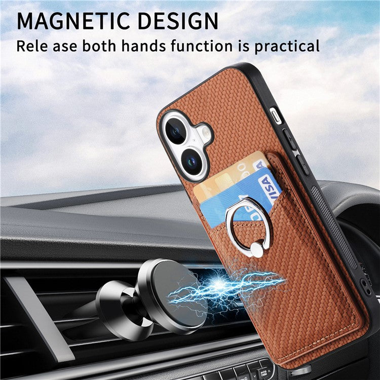 For iPhone 16 Plus Case Card Slots Ring Holder Kickstand Phone Cover - Brown