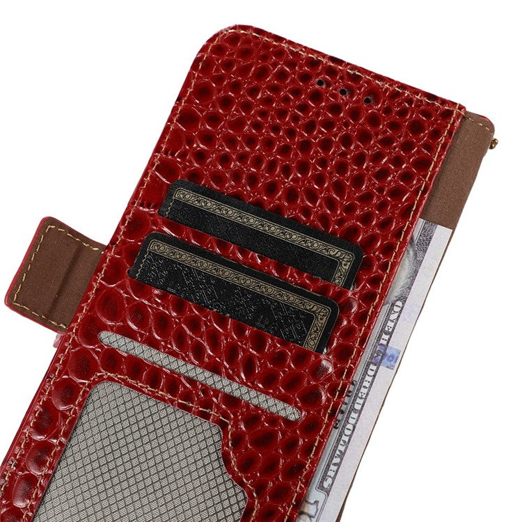 For Samsung Galaxy A04 4G (164.4 x 76.3 x 9.1 mm) Genuine Cowhide Leather Stand Wallet Cover Crocodile Texture Phone Case with RFID Blocking - Red