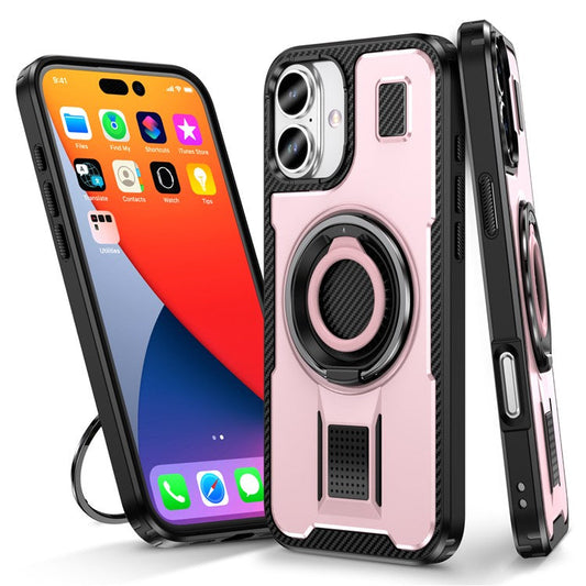 For iPhone 16 Plus Case TPU+PC Kickstand Phone Cover with Silicone Finger Strap - Rose Gold