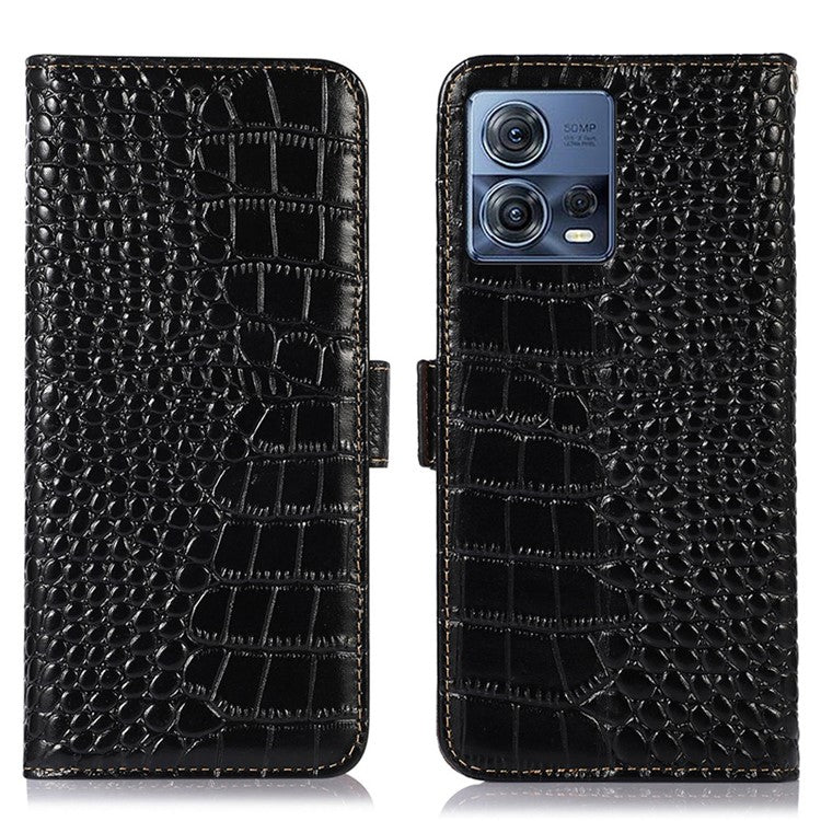 For Motorola Moto S30 Pro 5G Genuine Cowhide Leather Phone Case Crocodile Texture RFID Blocking Cover with Stand Wallet - Black