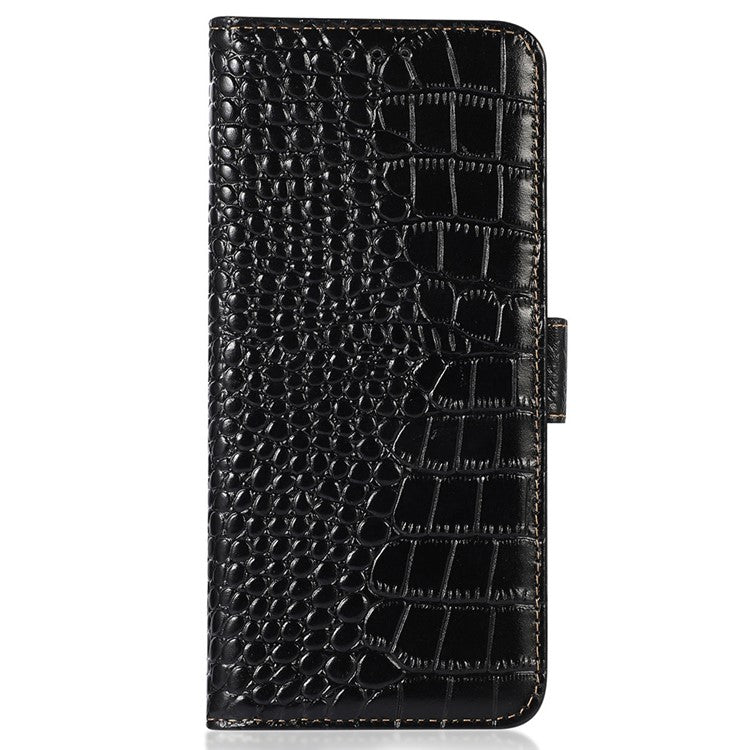 For Motorola Moto S30 Pro 5G Genuine Cowhide Leather Phone Case Crocodile Texture RFID Blocking Cover with Stand Wallet - Black