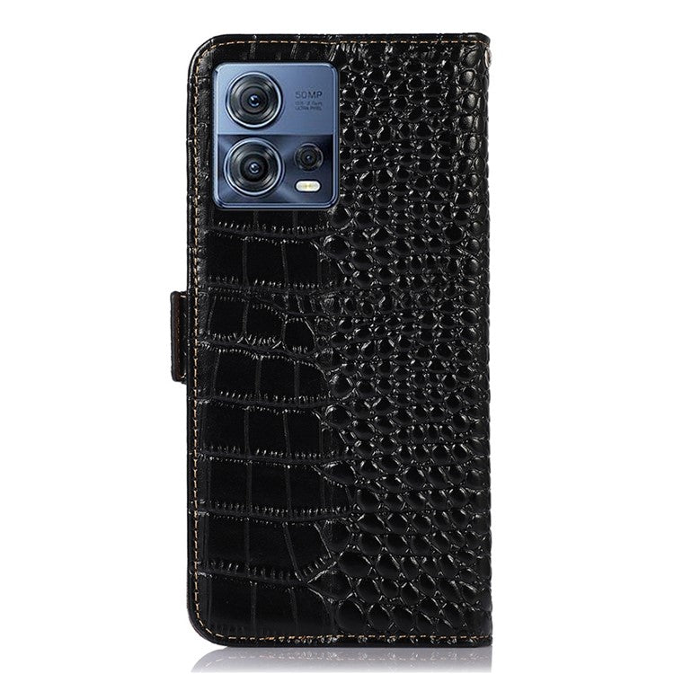 For Motorola Moto S30 Pro 5G Genuine Cowhide Leather Phone Case Crocodile Texture RFID Blocking Cover with Stand Wallet - Black