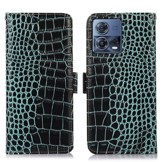 For Motorola Moto S30 Pro 5G Genuine Cowhide Leather Phone Case Crocodile Texture RFID Blocking Cover with Stand Wallet - Green